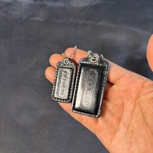 Lot of 2 Coach Black Leather Hangtag Charms Replacement Bag Tags Silver Chain